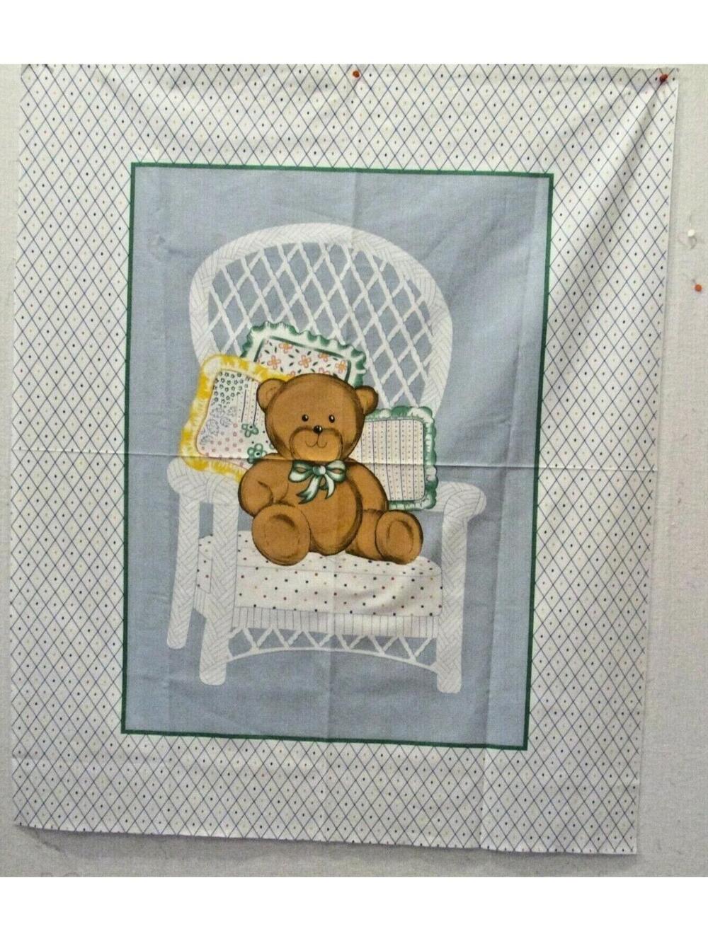 Big Stuffed Teddy Bear sitting in large Wicker Chair 100% Cotton Quilting Panel